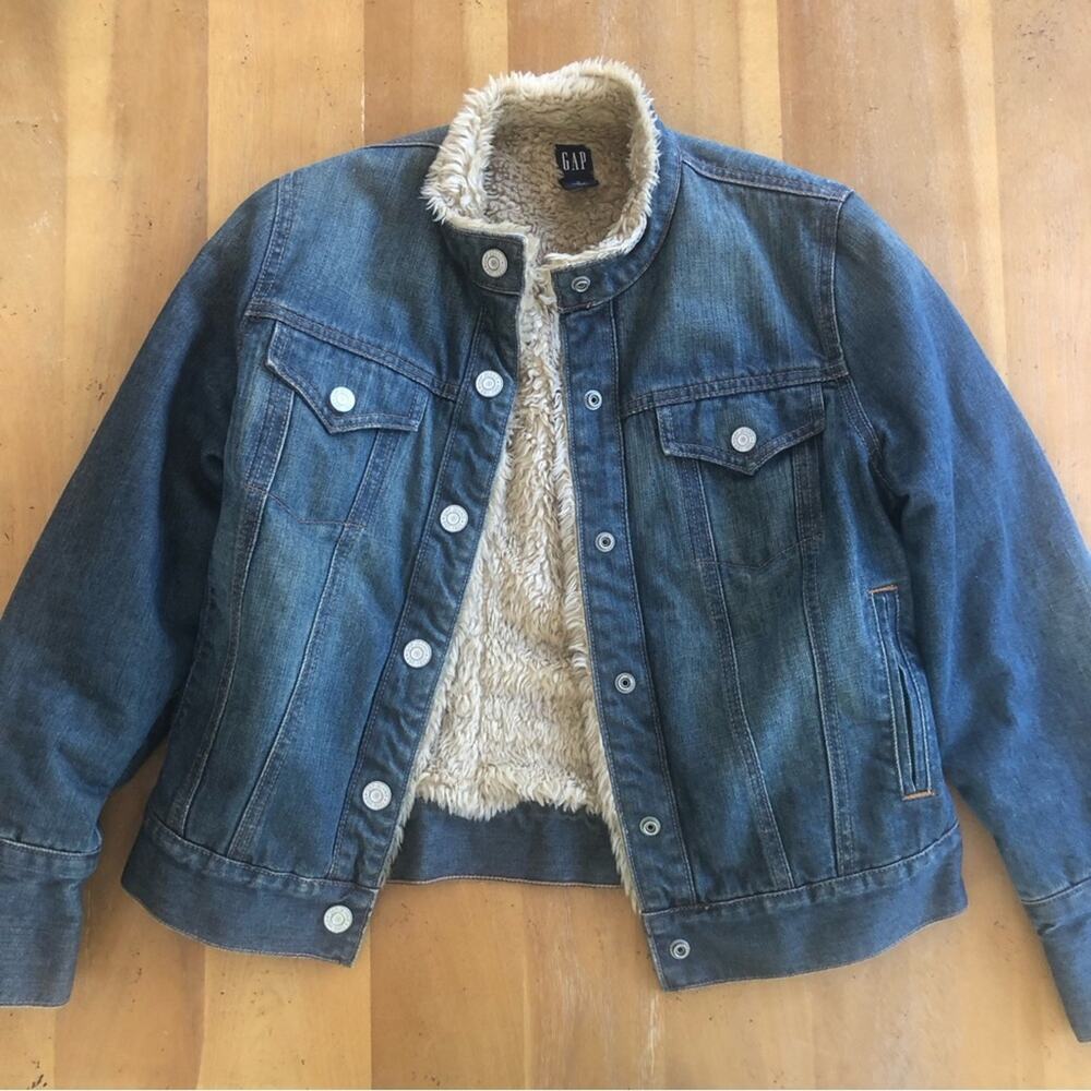 Vintage y2k 2000s Denim Jean Jacket Small Shearling Lined Faux Fur Hollister GAP - Picture 12 of 16